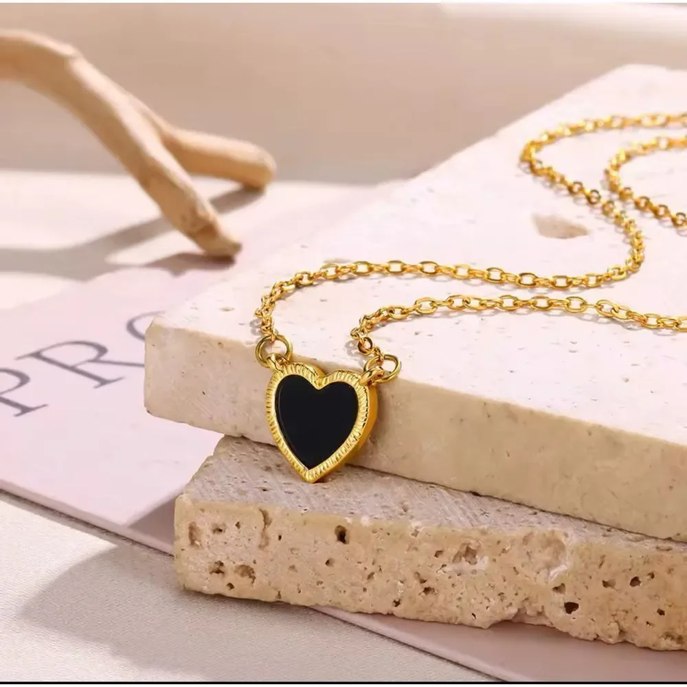 Dainty Gold Heart‎ Pendant Necklace Black Enamel Chain Minimalist Jewelry 38+7cm